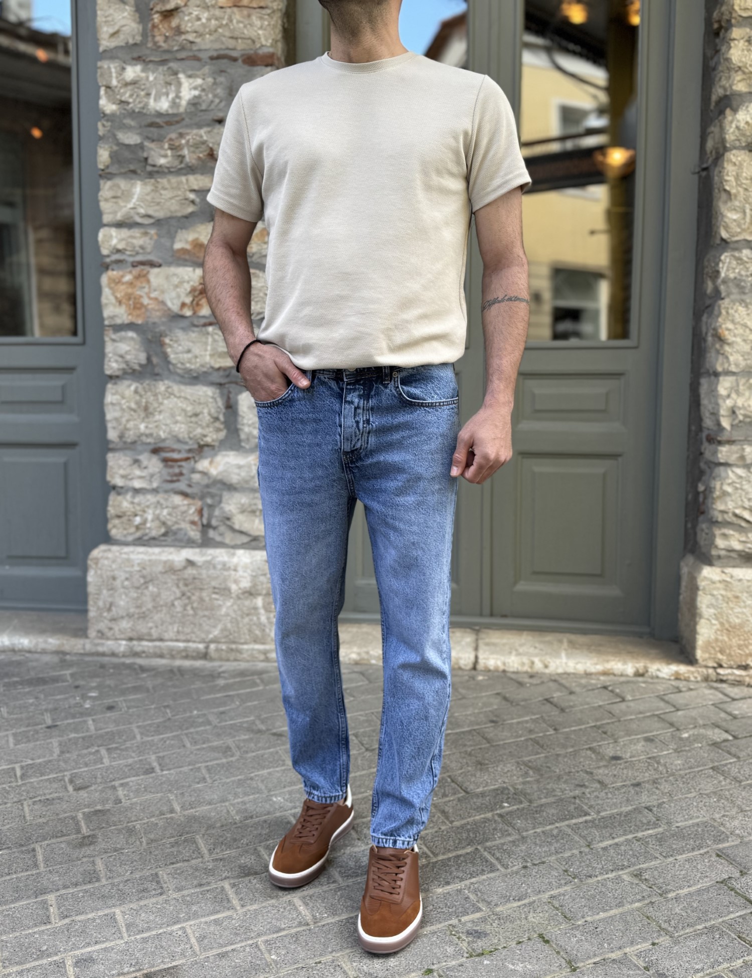 Ανδρικό μπλε σταθερό Loose Jean πεντάτσεπο με κουμπιά BF3027 φωτογραφία